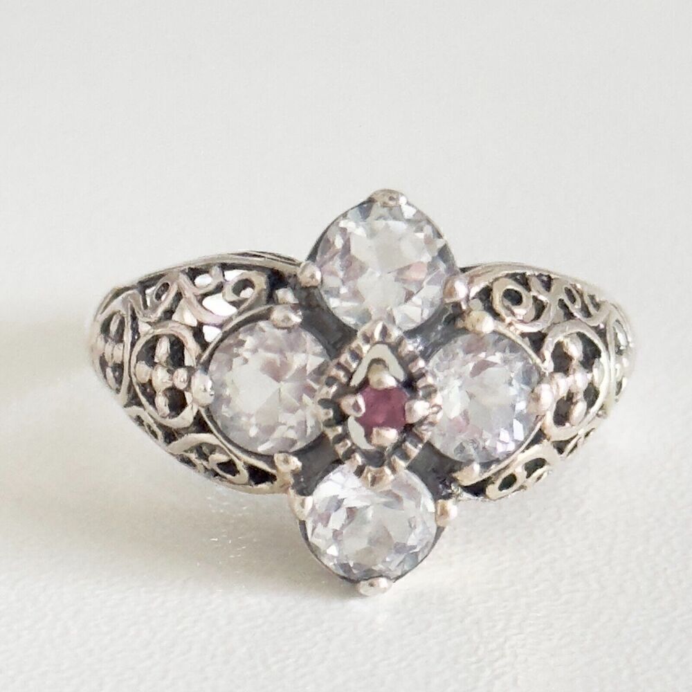 CNA Designer 925 Sterling Silver White Topaz & Ruby Filigree Flower Ring Size 8
